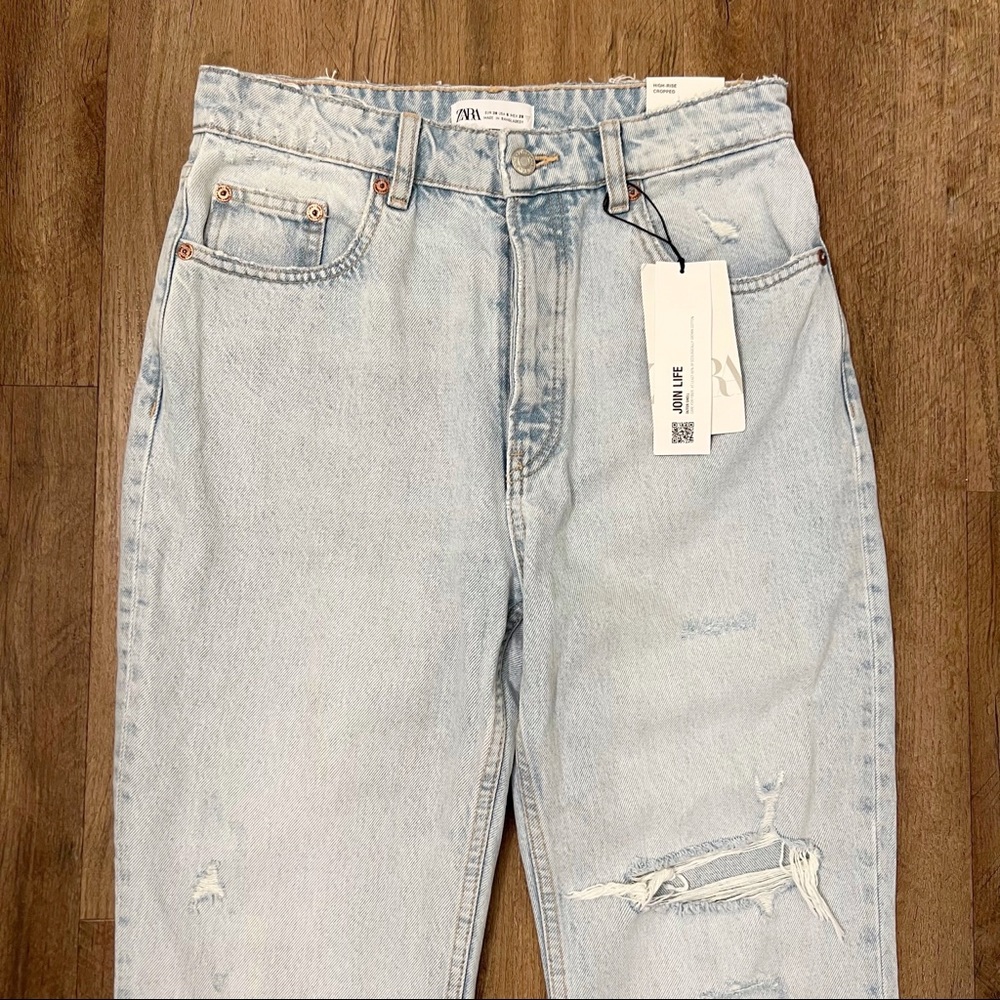 Zara High Rise Cropped Rip Flare Denim Jeans Light Blue - Picture 6 of 12